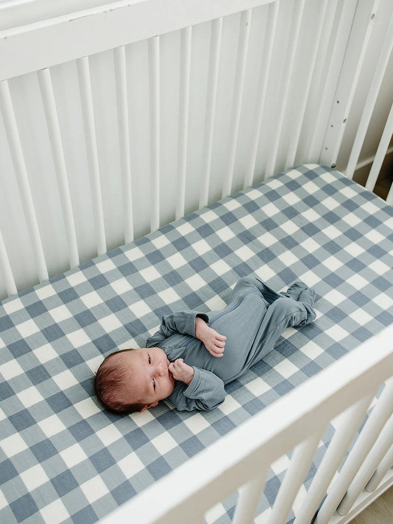 Crib Sheet in Dusty Blue Gingham by Mebie Baby
