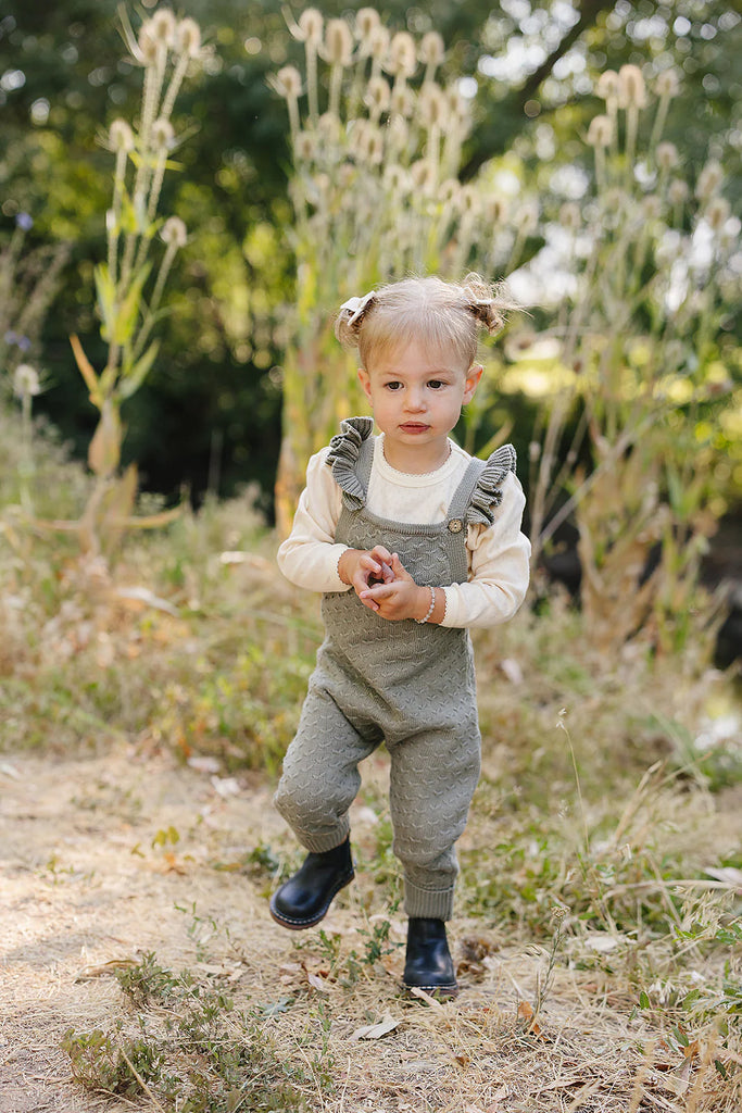 Ruffle Knit Overalls in Green by Mebie Baby