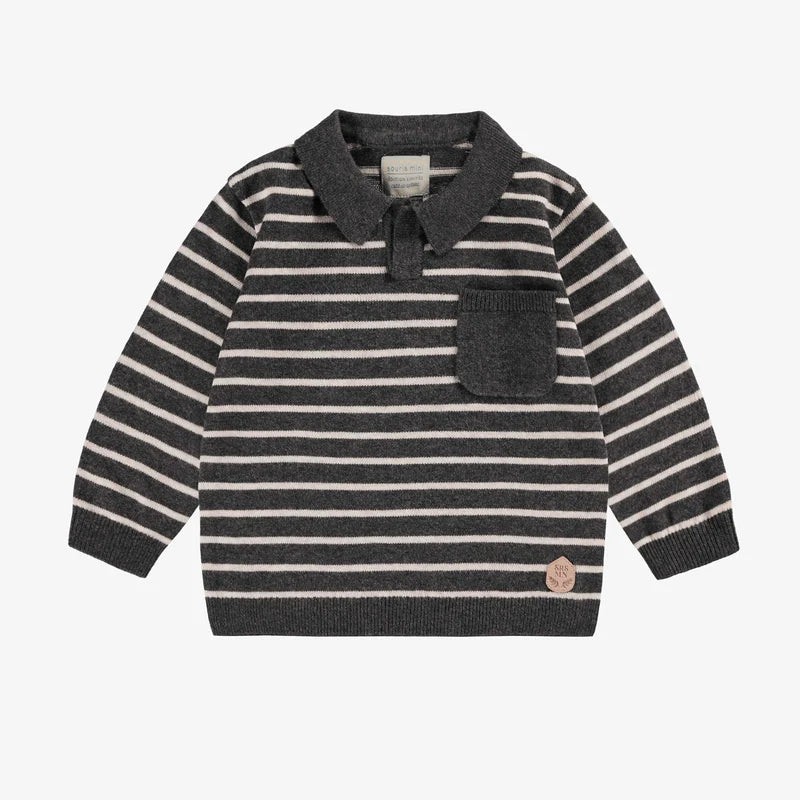 Knitted Polo Shirt in Grey with Stripes by Souris Mini