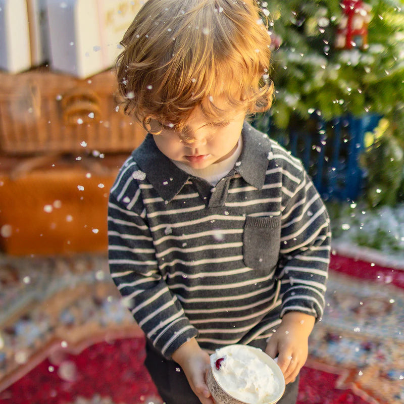 Knitted Polo Shirt in Grey with Stripes by Souris Mini