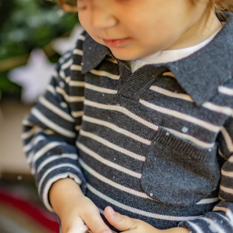 Knitted Polo Shirt in Grey with Stripes by Souris Mini