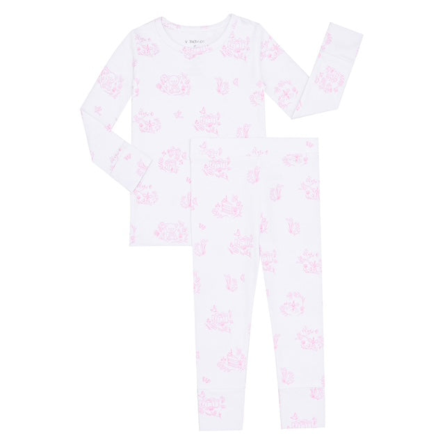Two Piece Pajama set in pink and white flat lay