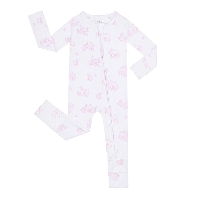 White baby onesie with pink floral pattern on a white background