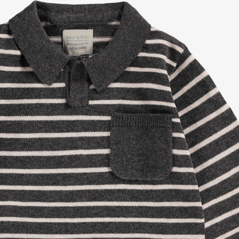 Knitted Polo Shirt in Grey with Stripes by Souris Mini