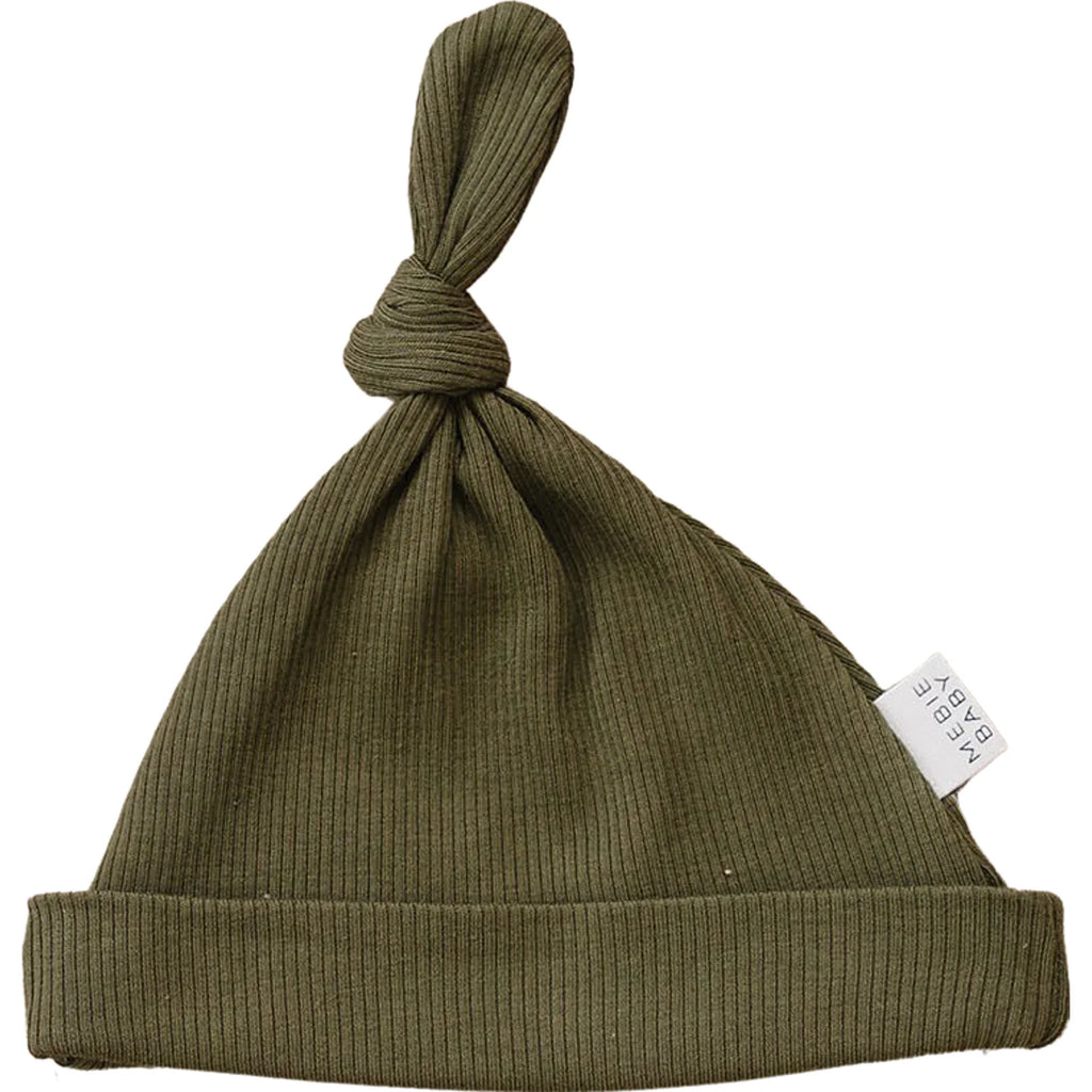 Organic Ribbed Newborn Knot Hat in Winter Green by Mebie Baby