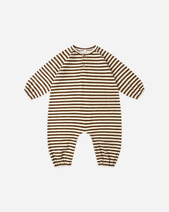 Henley Jumpsuit in Brown Stripe by Rylee + Cru