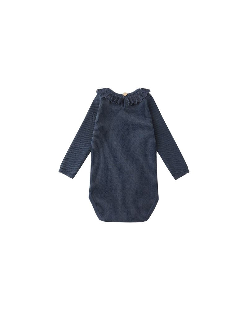 Ruffle Collar Bodysuit in Navy by Rylee + Cru