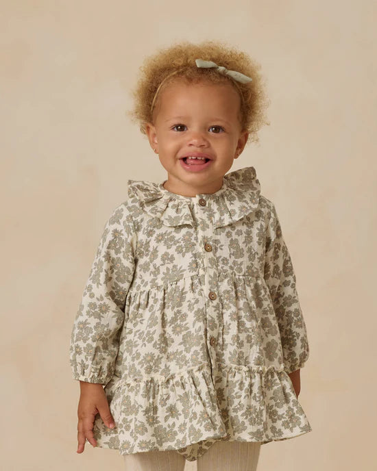 Ruffle Collar Button Dress in Green Floral by Quincy Mae