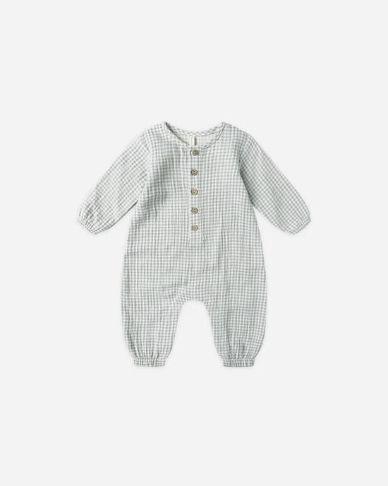 Woven Jumpsuit in Blue Gingham by Quincy Mae