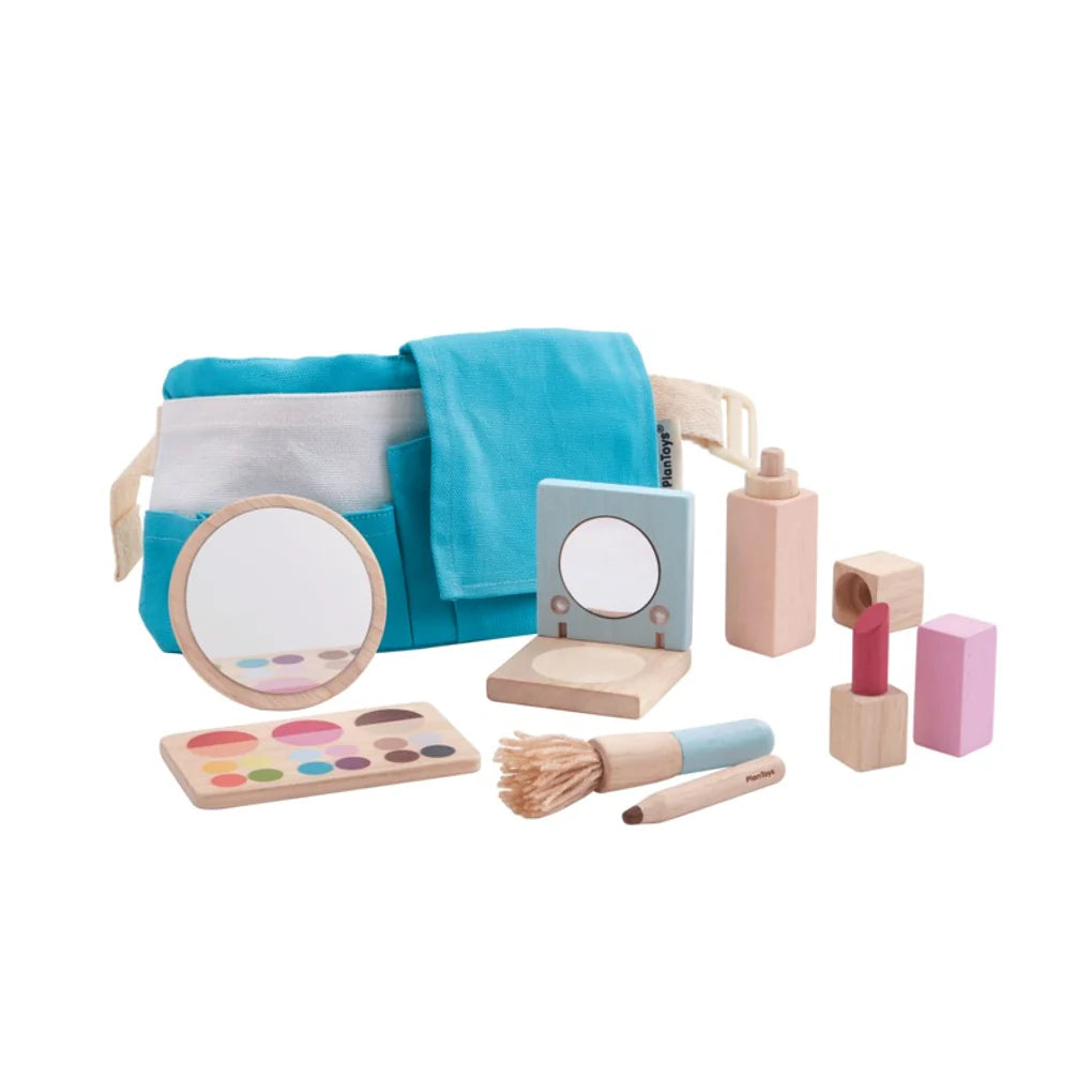 wooden makeup set with blue bag