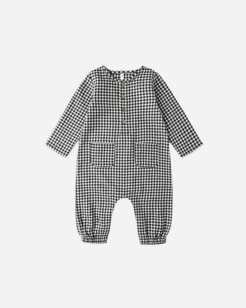 Long Sleeve Woven Jumpsuit in Black Gingham by Rylee + Crew