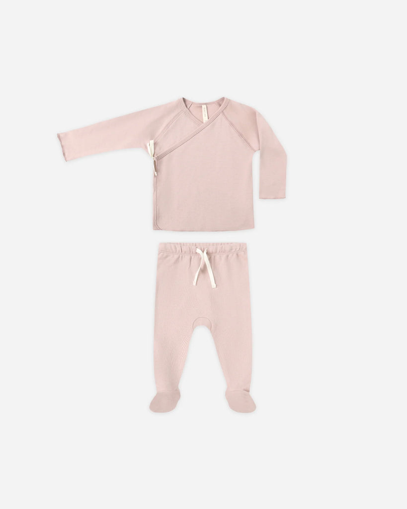 Wrap Top + Footed Pant Set in Rose by Quincy Mae
