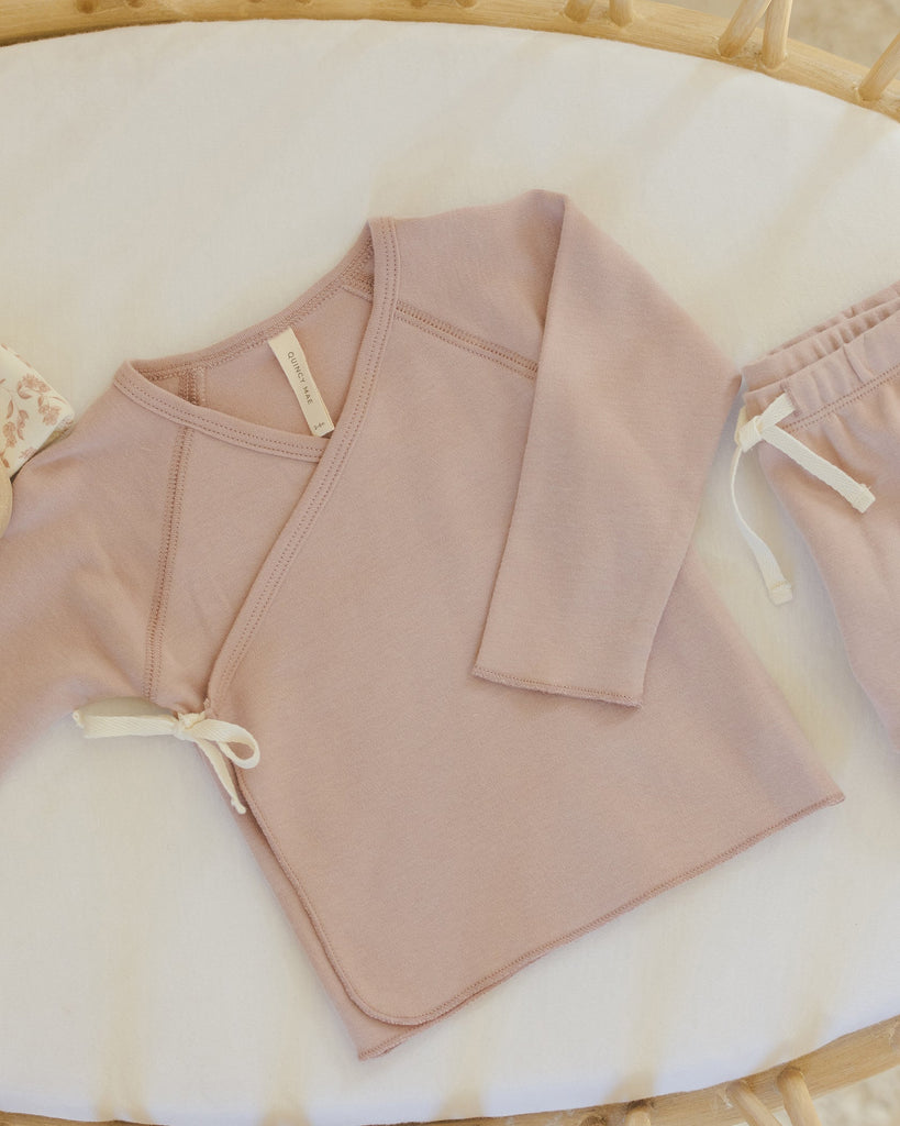 Wrap Top + Footed Pant Set in Rose by Quincy Mae