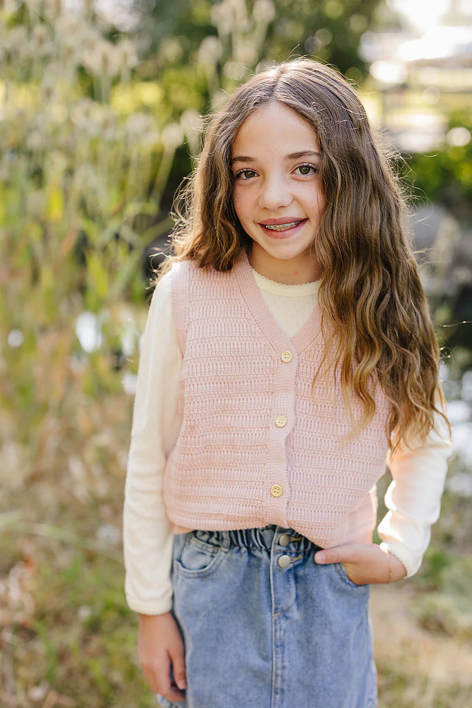 Knit Button Down Vest in Pink by Mebie Baby