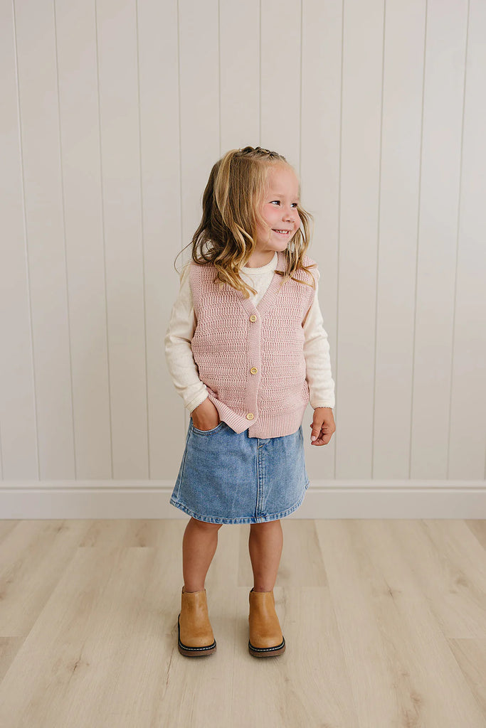Knit Button Down Vest in Pink by Mebie Baby