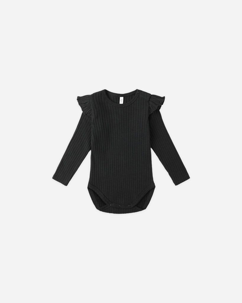 Shoulder Ruffle Bodysuit in Black by Rylee + Cru