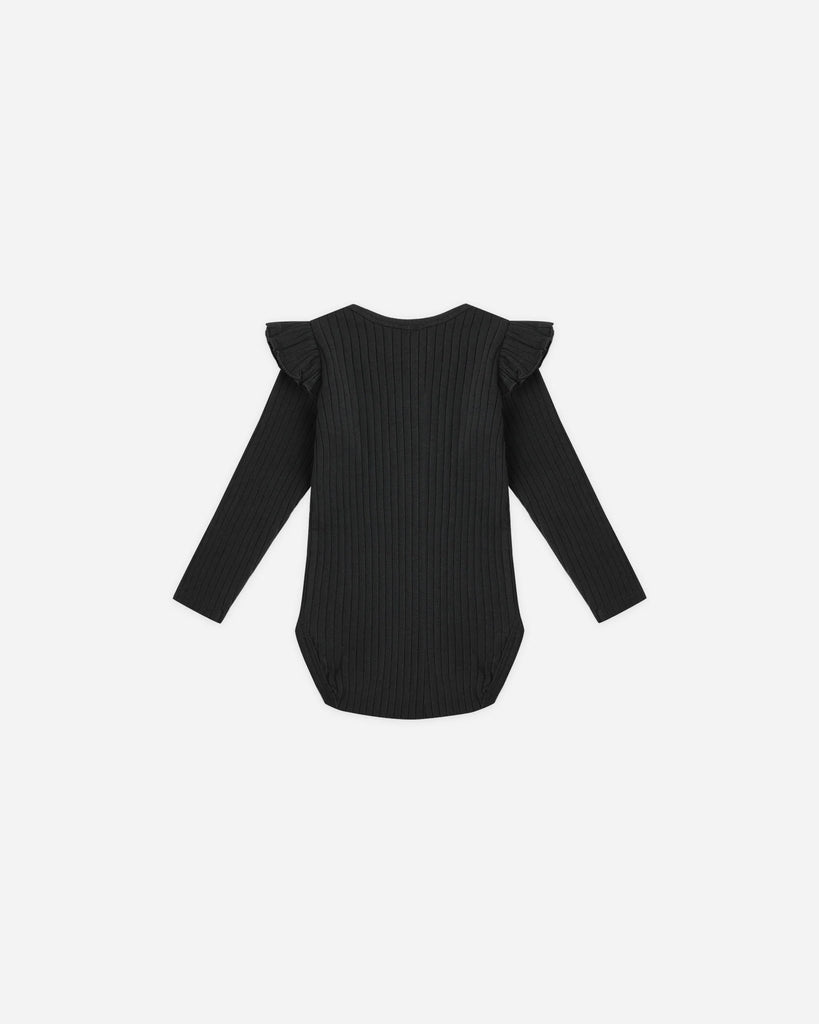 Shoulder Ruffle Bodysuit in Black by Rylee + Cru