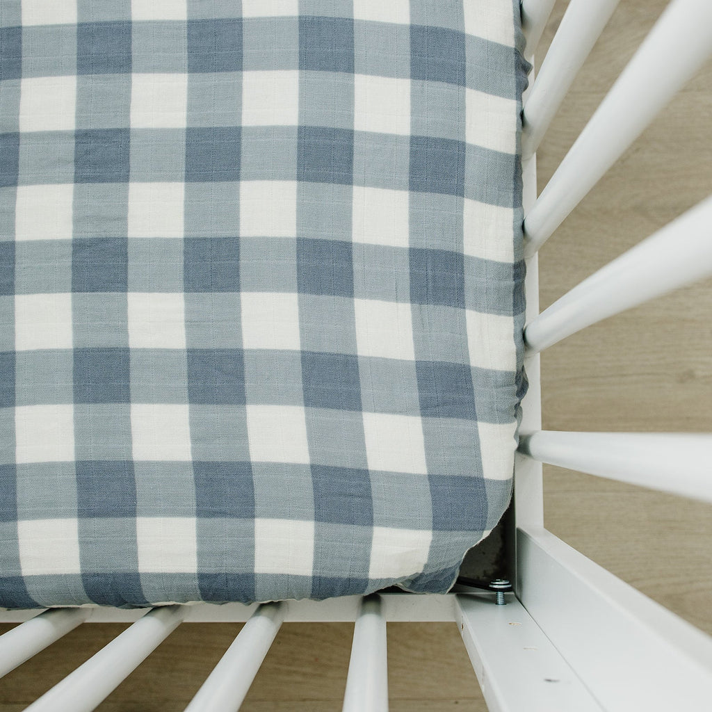 Crib Sheet in Dusty Blue Gingham by Mebie Baby