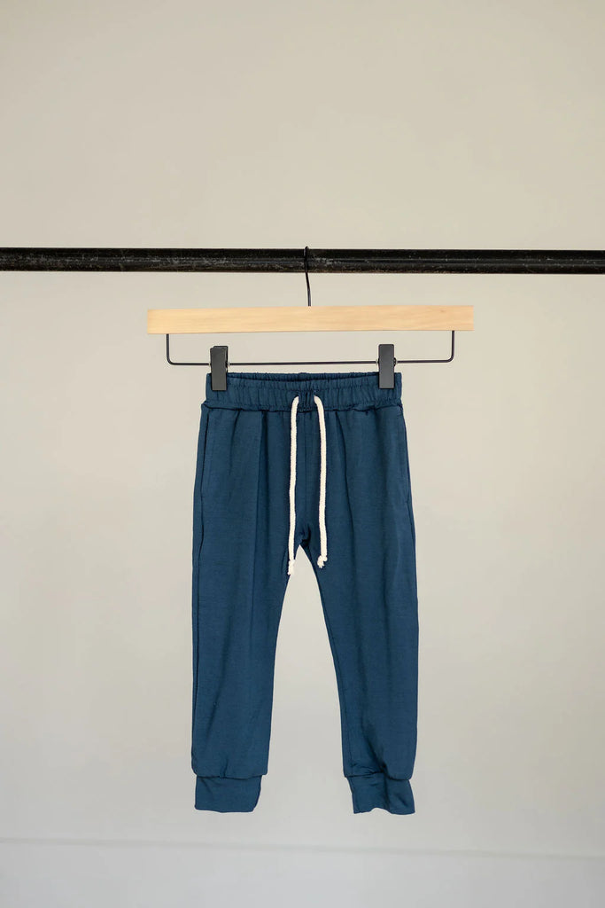 Blue joggers hanging on a hanger