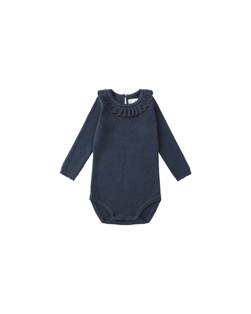 Ruffle Collar Bodysuit in Navy by Rylee + Cru