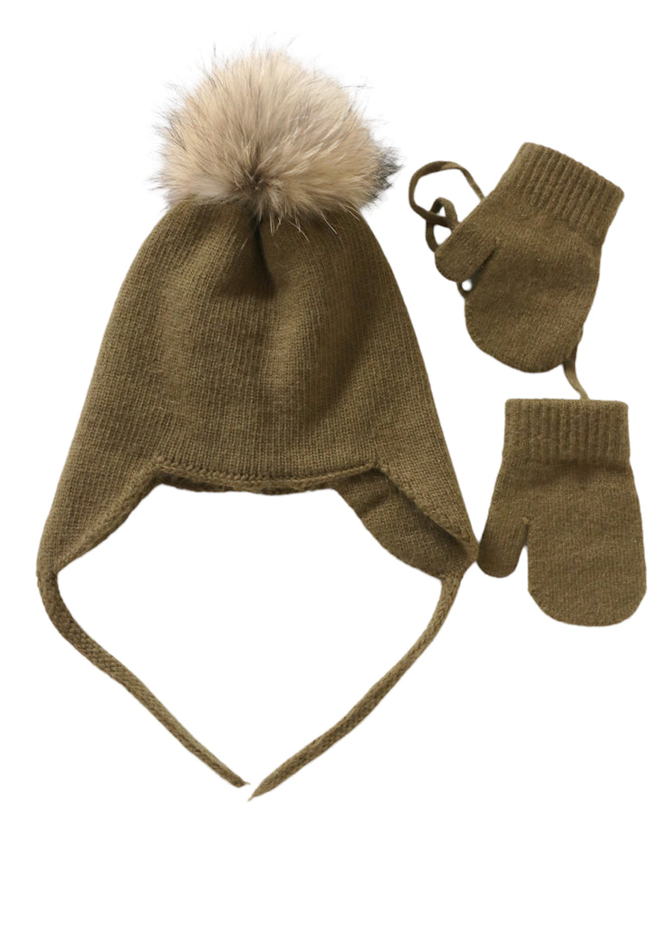 Brown knit hat with pom-pom and matching mittens on a white background