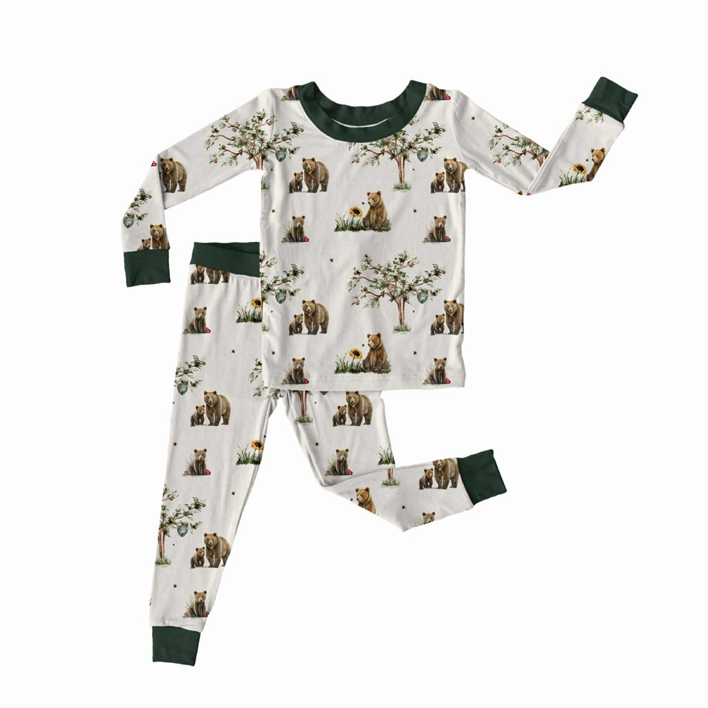 Two piece PJ set with bears on it flat lay