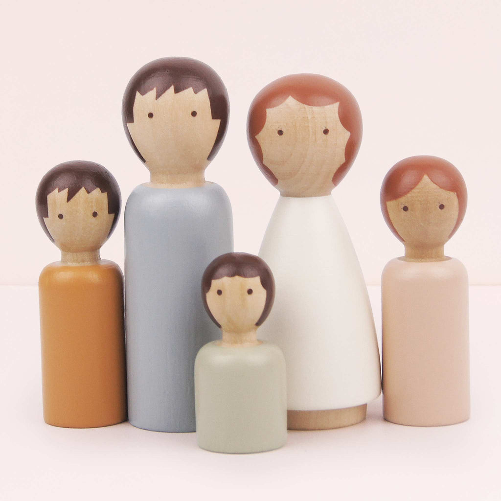 Five wooden doll house people