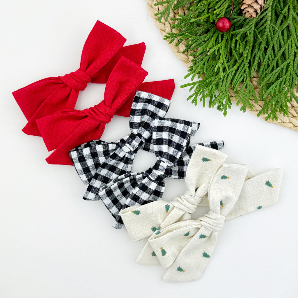 red, black gingham & trees hair bows