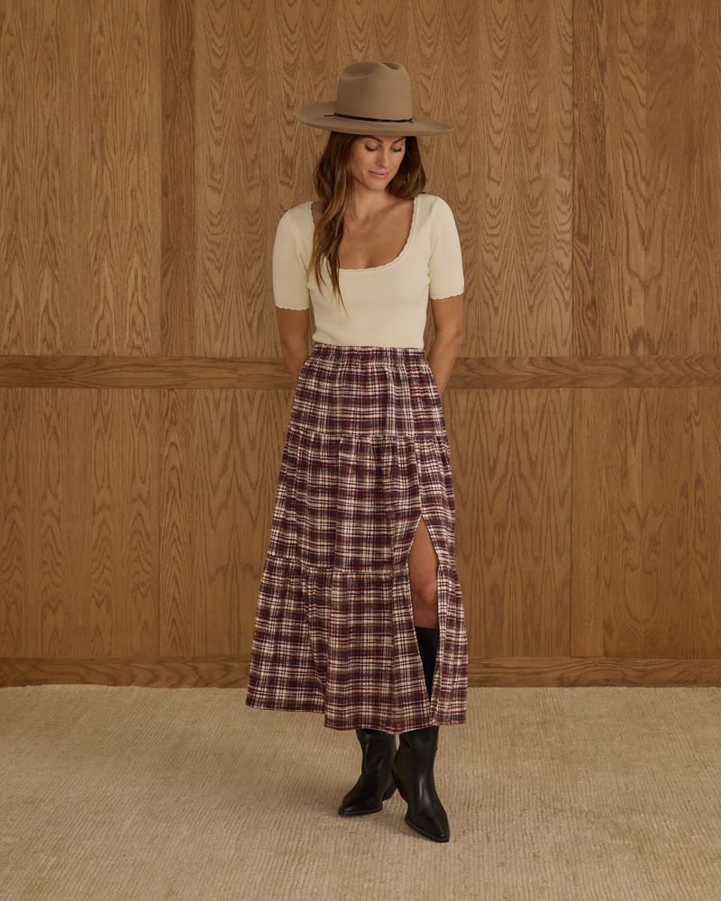 Tiered Midi Skirt in Burgundy Plaid by Rylee + Cru