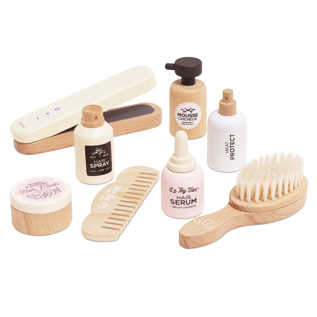 Wooden hair care set flat lay