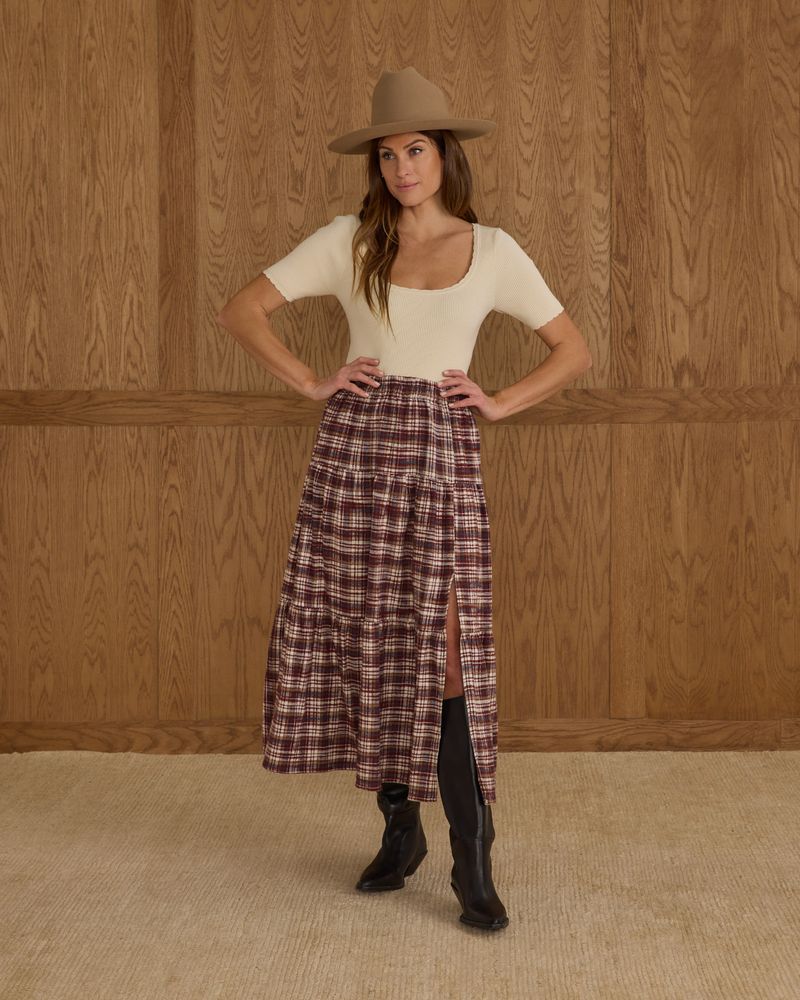 Tiered Midi Skirt in Burgundy Plaid by Rylee + Cru