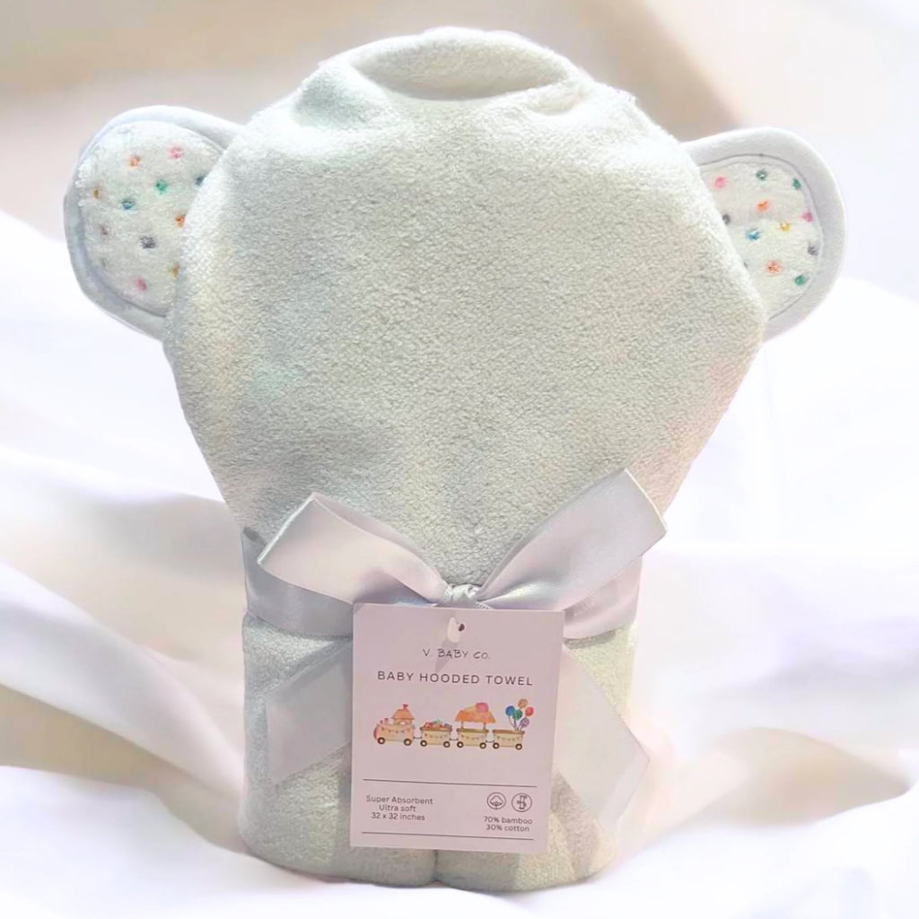 white hooded towel with polka dot ears