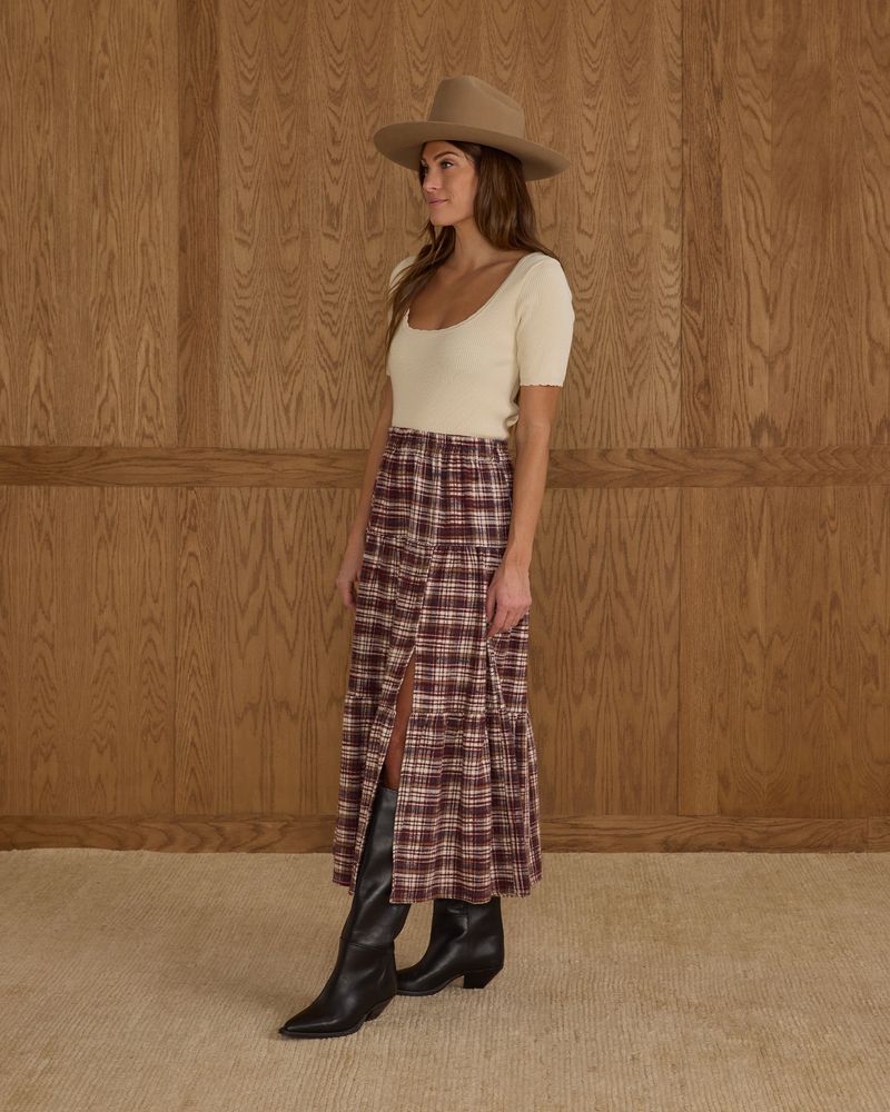 Tiered Midi Skirt in Burgundy Plaid by Rylee + Cru