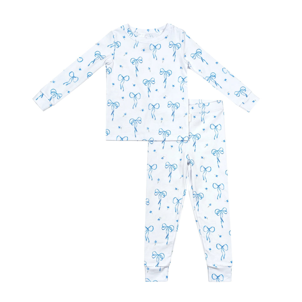 Blue & White Bow pajama set flat lay
